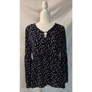 Copper Key Boho Navy Blue Floral Blouse Cottage Core Top Bell Sleeves XL